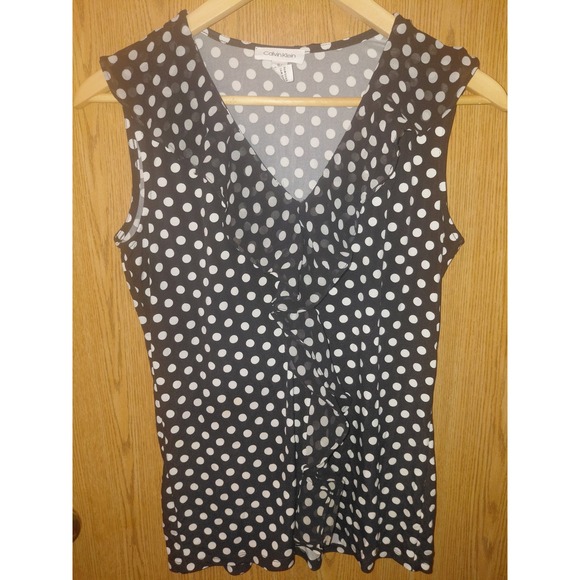 Calvin Klein Tops - Calvin Klein Womens Polka Dot Ruffle V-Neck Sleeveless Blouse Black White Small
